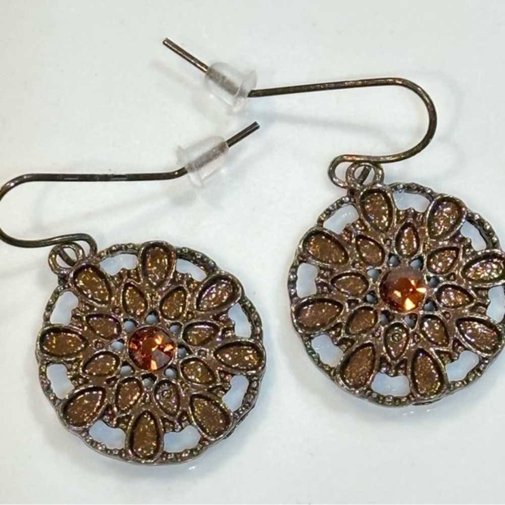 Copper & copper colored crystal round/floral drop earrings w/fishhook back